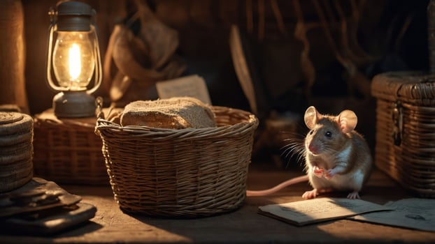 A mouse near a basket of bread, illuminated by a lantern in a cozy setting. photo