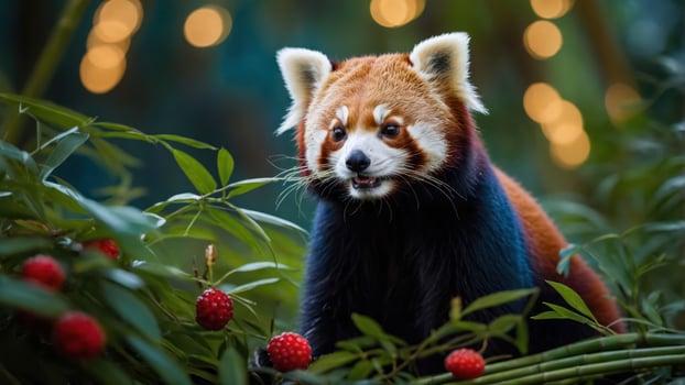 A red panda sits among green leaves and red berries, surrounded by soft, glowing lights. photo