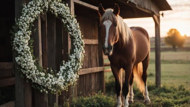 A horse stands near a floral wreath in a rustic barn setting at sunset. photo