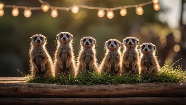 Six meerkats standing on a log, surrounded by grass and illuminated by string lights. photo