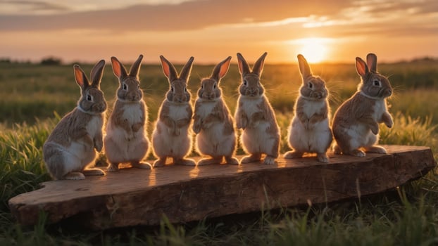 A lineup of seven rabbits against a sunset backdrop on a wooden surface. photo