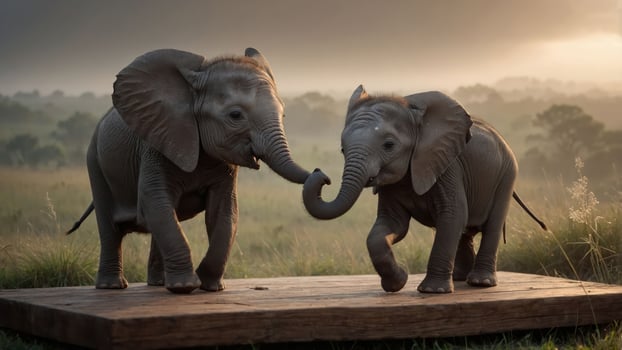 Two playful elephants interact in a serene landscape at sunset. photo