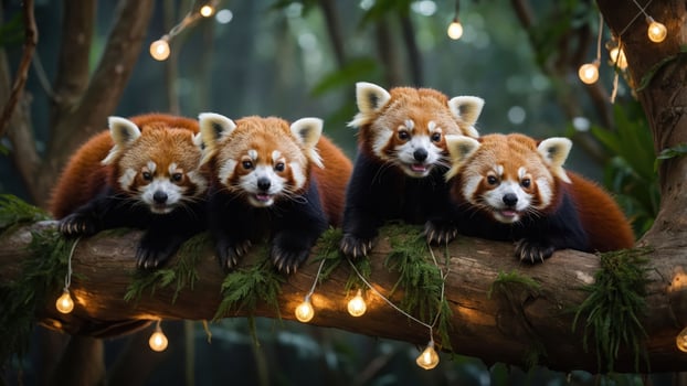 Four red pandas perched on a tree branch adorned with lights in a lush, green setting. photo