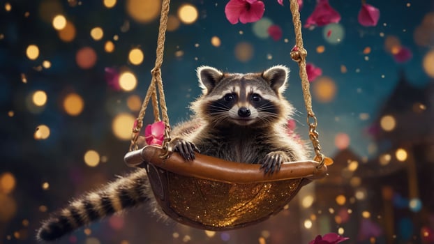 A raccoon relaxes in a hanging basket surrounded by colorful petals and soft bokeh lights. photo