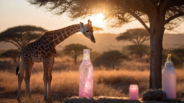 A giraffe stands near colorful bottles at sunset in a serene landscape. photo