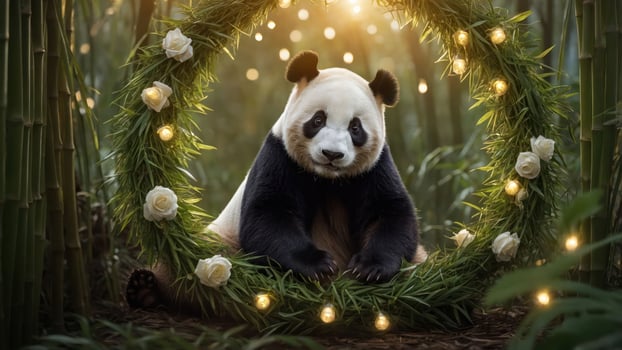 A panda sits in a floral wreath surrounded by bamboo and soft lights, creating a serene atmosphere. photo