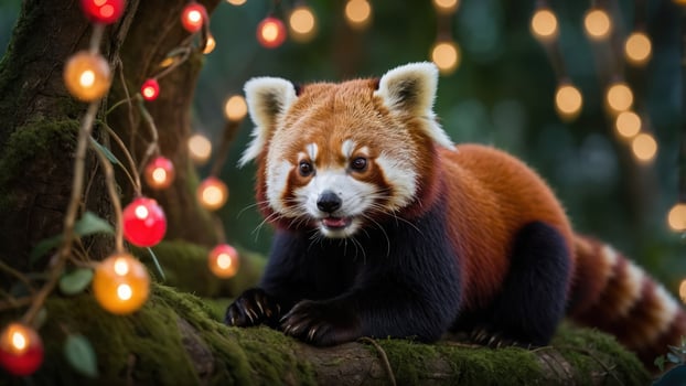A red panda perched on a branch surrounded by colorful lights in a whimsical setting. photo