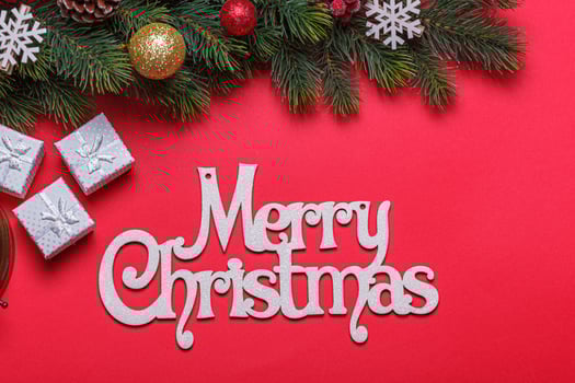 beautiful branches of a Christmas tree with cones and toys on a red background with the inscription Merry Christmas close up photo