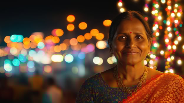 Older Indian woman in sari smiling joyfully under colorful lights at night. Festive and lively mood photo