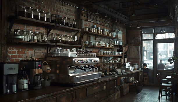 A coffee shop with a lot of shelves and a lot of coffee machines photo