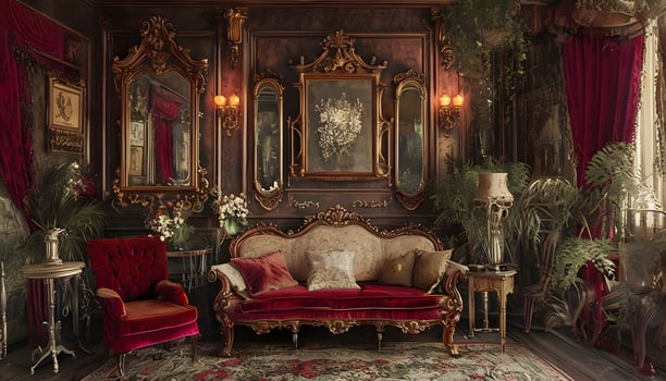 A room with ornate furniture and red curtains photo
