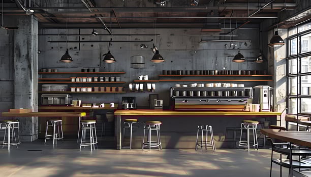 A large industrial style coffee shop with lots of stools photo