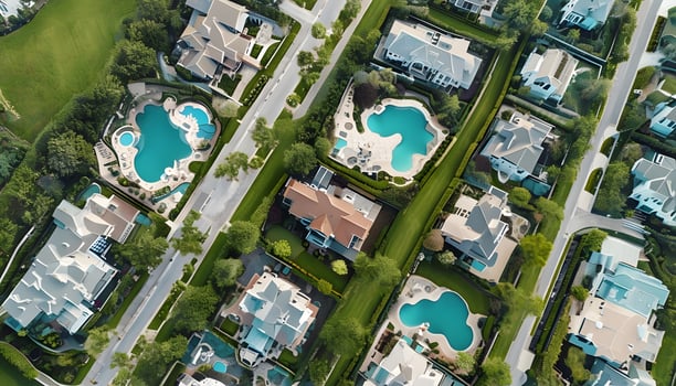 An aerial view of a neighborhood with swimming pools photo