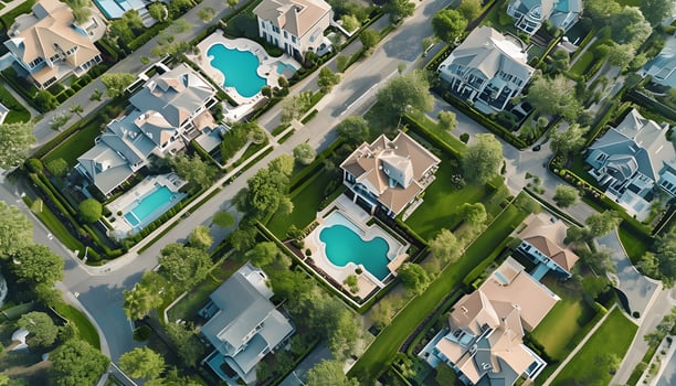 An aerial view of a neighborhood with lots of houses photo