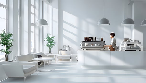 A woman is standing at a coffee bar in a white room photo