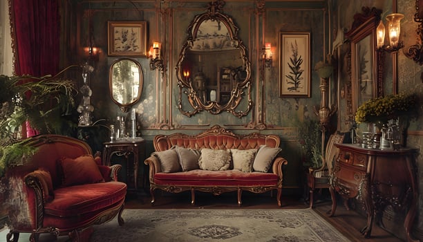 A living room with antique furniture and a mirror photo