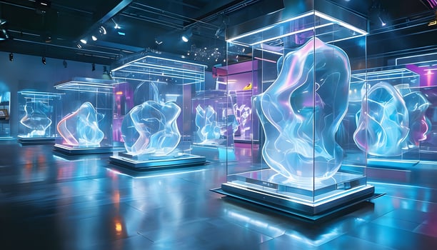 A room with several glass cases with sculptures inside photo