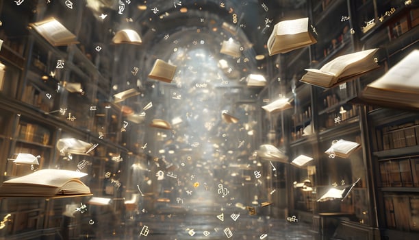 A library filled with books and flying books photo
