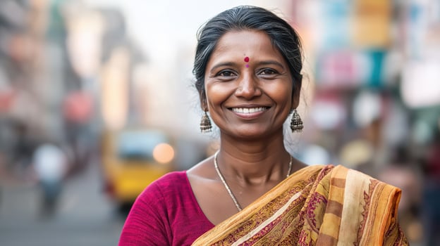 Adult Indian woman portrait in traditional clothing close-up on blurred street background photo