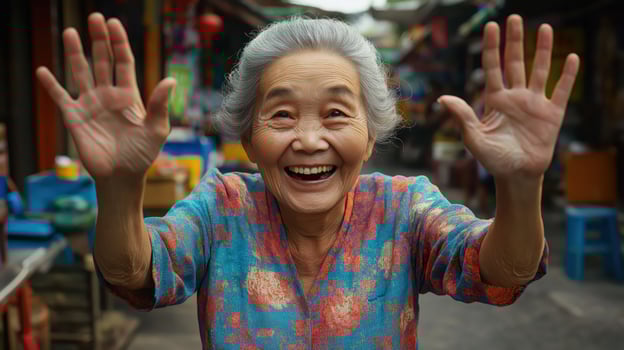 Cheerful elderly Asian woman joyfully raising hands in a colorful outfit. Concept of happiness and freedom photo