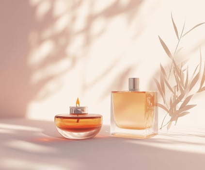 Elegant perfume and candle display with soft shadows in warm light photo