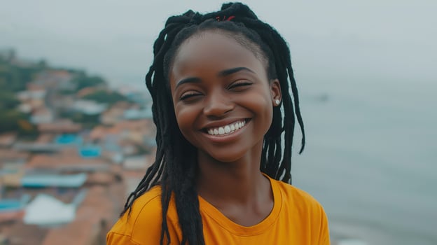 Smiling Black woman outdoors by sea. International Day of Happiness photo