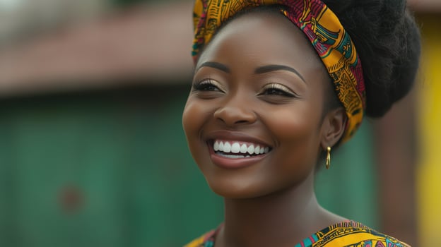 Black woman in traditional headwrap smiling outdoors in sunlight. International Day of Happiness photo