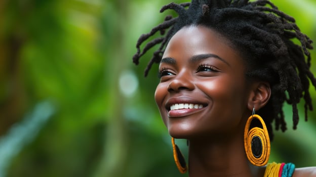 Smiling Black woman with natural hair and hoop earrings outdoors. International Day of Happiness. Copy space photo
