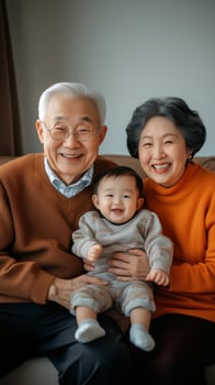 retired asian grandparents holding on lap their grandson photo