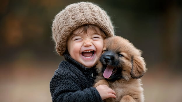 A young child is smiling while holding a dog photo