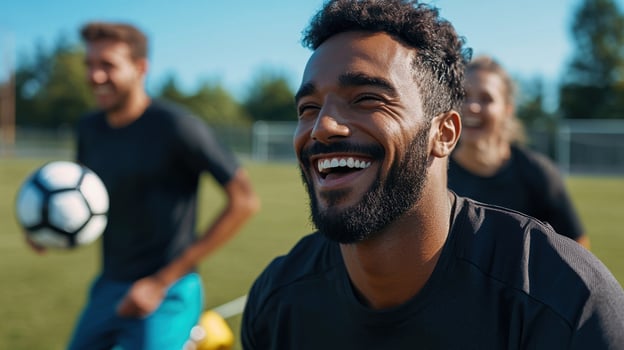 A man is smiling while holding a soccer ball photo