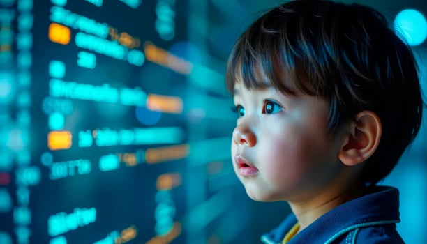 Asian boy looking at screen of monitor of computer with stock market data with numbers and letters. Modern technologies in teaching children photo