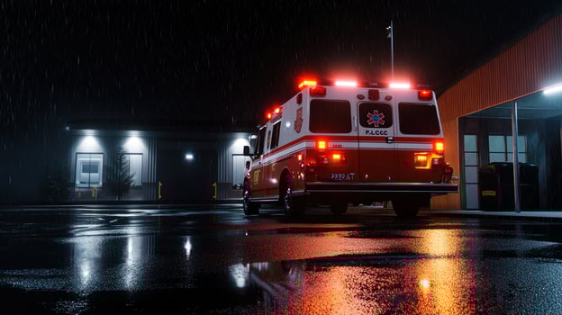 A red and white ambulance is parked in a parking lot photo