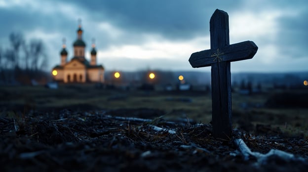 A small wooden cross is standing in a field next to a church photo
