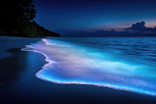 glowing waves on tropical beach at night, bioluminescence photo