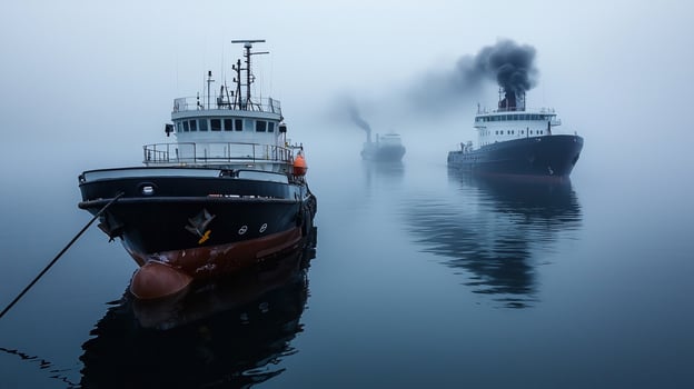 Two boats in the fog with smoke coming out of them photo