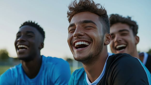 Three young men laughing and smiling on a soccer field photo
