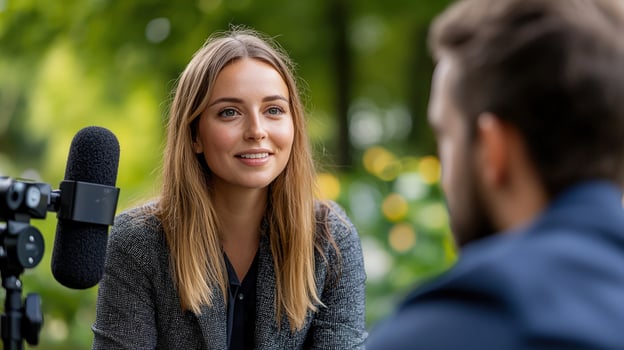 A woman is talking to a man in front of a microphone photo