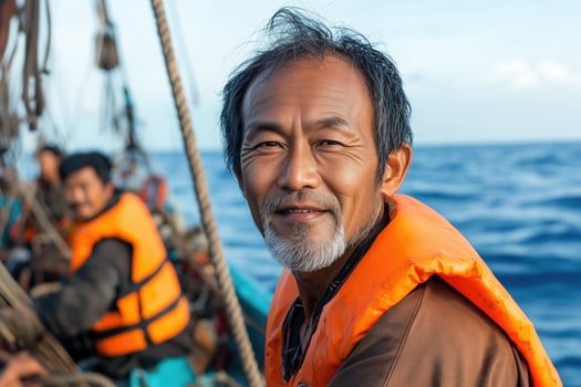 Portrait of senior asian fisherman in orange life jacket looking at camera on fishing boat photo
