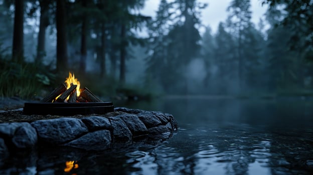 A fire is burning in a fire pit next to a body of water photo