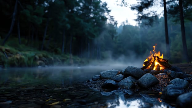A fire is burning on a pile of rocks next to a river photo