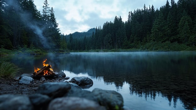 A fire is burning in a fire pit next to a lake photo
