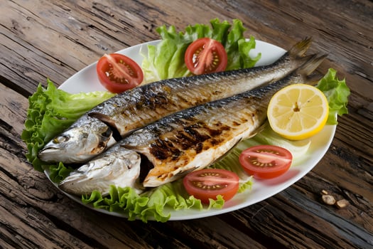 Grilled fish with lemon and lettuce on rustic table evokes freshness photo