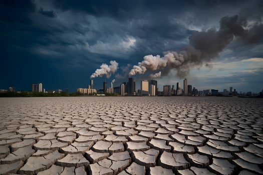 Cracked earth stretches toward smoky cityscape under ominous storm clouds photo