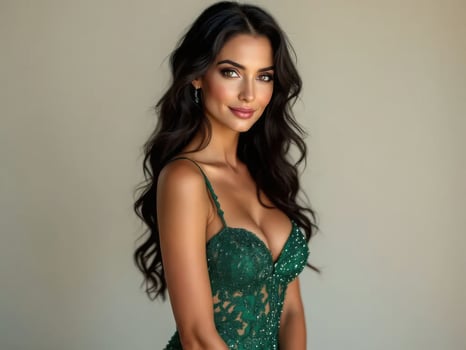 Beautiful woman on green long evening gown dress. Portrait photo