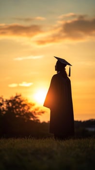 Graduation silhouette at sunset, academic achievement and future concept photo