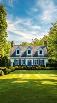 White colonial house with a large green lawn under a blue sky, suburban living concept photo