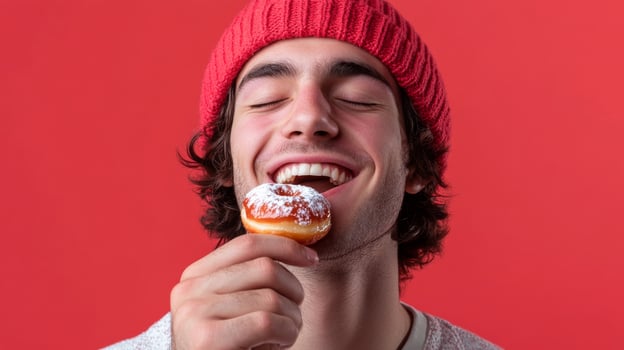 Young man enjoying donut while smiling against red background, joyful snacking and happiness concept photo