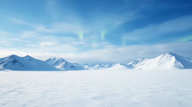 Snow-covered mountains under blue sky with northern lights, winter landscape. Tranquil arctic nature and exploration concept photo