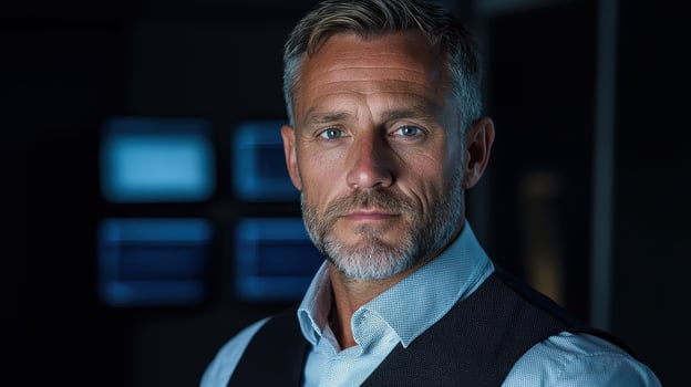Portrait of a serious businessman in a dark setting photo